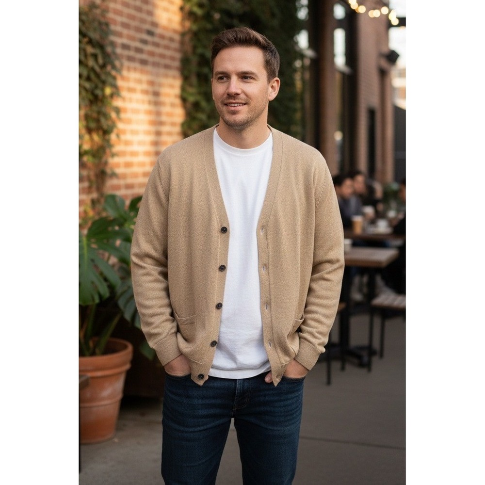Amazon Essentials Men's V Neck Cardigan Tan Button Front Cotton Pockets Size L
